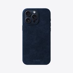 the back of an iphone 11 case in dark blue suede with two cameras on it