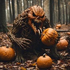 an image of a scary creature with pumpkins in the woods at halloween time,