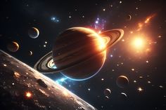 an artist's rendering of the solar system with planets and stars in the background