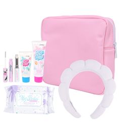 the contents of a pink travel bag are shown