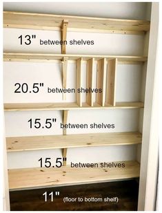 an open closet door with measurements for the shelves to be made into shelvings