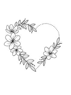 a heart shaped frame with flowers and leaves drawn in black ink on a white background