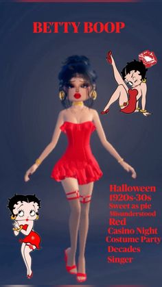 a woman in a red dress is standing next to a cartoon character that appears to be betty boop