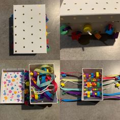 four boxes filled with different types of beads