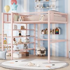 a child's bedroom with a pink bunk bed and toys on the floor in front of it