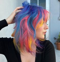 Fun Hair Inspiration, Rainbow Color Melt Hair, Fun Vivid Hair Colors, Fun Hair Color For Short Hair, Cool Tone Vivid Hair Color, Cool Colored Hair Ideas, Bright Hair Colors Short Shoulder Length, Primary Color Hair, Short Hair Vivid Color