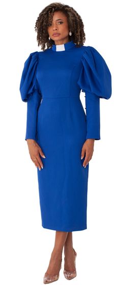 Tally Taylor Collection Style: 4813 Fashionable Preacher Dress Features clerical collar, long puff sleeves and midi length ﻿Color: Royal Length: 47 1/2" Shop our different departments today for dresses, suits, hats, robes and more! Sign Up for our Exclusive Rewards Program Just go to the bottom of this page and you will see the "Sign up" spot, just click it and follow the instructions, it's very quick and really easy. Clerical Collar, Clergy Women, 1 Piece Dress, Dresses Church, Women Church Suits, Dress Colors, Dresses Royal, African Clothing Styles, Rewards Program