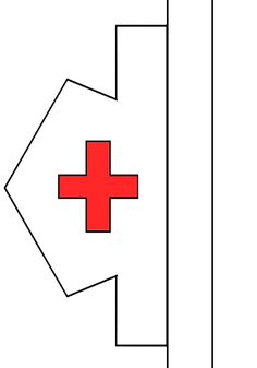 a red cross is on the side of a white wall with an arrow pointing to it