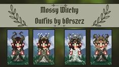 the cross stitch pattern for mossy witch outfits by borszzze is shown