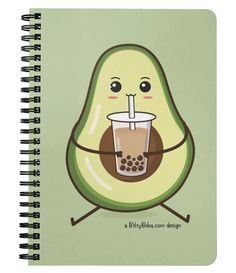 a notebook with an avocado holding a drink