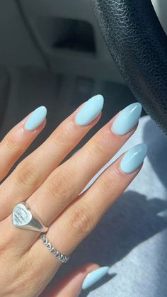 Gel X Solid Color, Short Nail Inspo Solid Color, Nails Acrylic Almond Blue, Nails Single Color, Light Baby Blue Nails, Light Blue Nails With Design Almond, Light Blue Oval Acrylic Nails, Oval Light Blue Nails, Baby Blue Almond Nails Designs