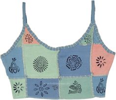 A short cropped hippie tank top in stonewashed ribbed cotton patchwork with thread highlights in pastel soft colors. This artistic handmade cropped tank is an artistic and harmonious piece of clothing with an outstanding overall look in soft muted color tones around a beige base, with hippie stamps. #tlb #Sleeveless #Stonewash #Embroidered #vacationclothing #bohemianfashion #Handmade #JuniorPetite #bohotanktop #summerhippietanktop #ribbedcottontanktop Multicolor Patchwork Tank Top For Summer, Multicolor Patchwork Casual Tank Top, Casual Multicolor Patchwork Tank Top, Sleeveless Summer Crop Top With Patchwork, Casual Patchwork Crop Top, Spring Sleeveless Patchwork Crop Top, Summer Beach Tank Top With Patchwork, Patchwork Tank Top For Beach In Spring, Bohemian Patchwork Tank Top For Summer