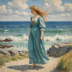 a painting of a woman in a blue dress standing on the beach by the ocean