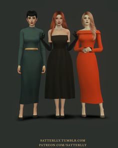 three women in dresses standing next to each other with their hands on their hipss