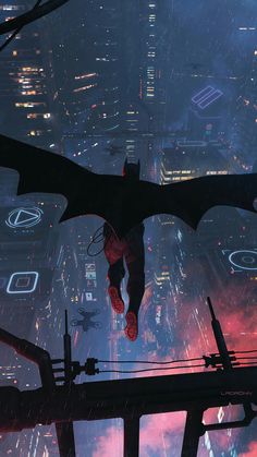 a man flying through the air on top of a bat shaped cityscape at night