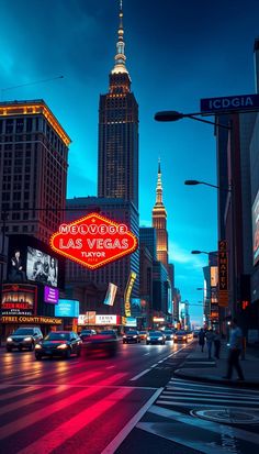 the las vegas sign is lit up at night