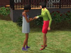 two animated women standing in front of a house and one is handing something to another woman