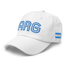 a white cap with the word arg on it and an argentina flag in blue