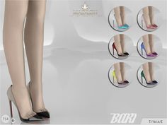 four pairs of high heeled shoes with different colors and sizes on the legs, all in