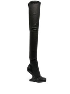 black calf leather tonal stitching square toe pull-on style above-knee length high sculpted heel Rick Owens Tall Boots, Above Knee Boots, Black Thigh High Boots, Black Thigh High, High Leather Boots, Brown Leather Boots, Thigh High Boots, Thigh High, Rick Owens