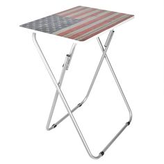 a small table with an american flag design on the top and metal legs, against a white background