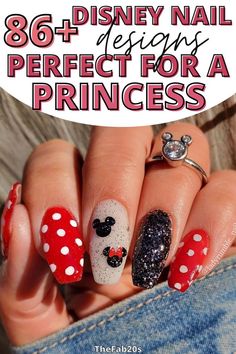 Disney Nails Ideas Simple, Disney Nails Acrylic French Tip, Disney Winter Nail Designs, Minnie Inspired Nails, Disney Sns Nails Designs, Disney Nails Sns, Disney Bling Nails, Disney Dip Nails Ideas, Almond Disney Nails Designs