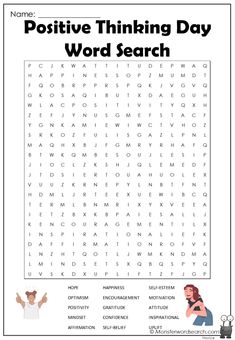 the word search for positive thinking day is shown in this printable worksheet