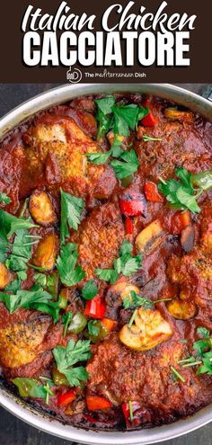 a pan filled with chicken cacciatore and garnished with parsley