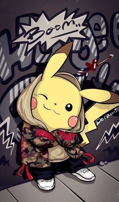 a drawing of a pikachu sitting on top of a wooden floor in front of graffiti