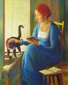 a painting of a woman sitting in a chair reading a book with a cat on her lap