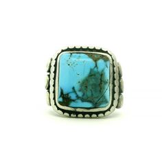 Here we have a classic medium sized vintage square shaped turquoise ring in sterling silver. Fabulous vintage beading on sides  of the bezel setting surrounding a bright blue stone. A timeless and easy ring to wear everyday. Could this be your new signature vintage piece? Vintage Ring - Vintage Sterling Silver Bezel Set Turquoise Ring Sterling Silver Turquoise Ring Size 9 3/4 Ring measures approximately 20.4mm top to bottom, back of band is 3.7mm wide. Please read our shop policies prior to purchase. Thanks for looking and contact us with any questions. Rectangular Turquoise Gemstone Ring, Classic Adjustable Turquoise Ring In Sterling Silver, Bohemian Sterling Silver Ring With Rectangular Shape, Classic Adjustable Turquoise Ring, Rectangular Blue Turquoise Sterling Silver Ring, Classic Turquoise Ring Stamped 925, Adjustable Square Turquoise Jewelry, Silver Turquoise Ring, Sterling Silver Rings Turquoise