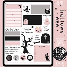 a pink and black halloween planner sticker sheet with lots of different things on it