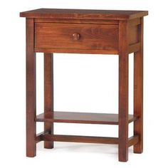 a small wooden table with one drawer on the top and two shelves below it, against a white background