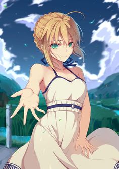 an anime character with blonde hair and blue eyes sitting in front of a cloudy sky