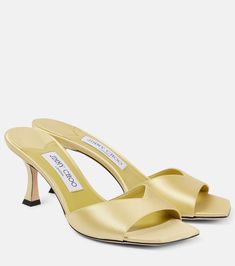 Skye 70 satin mules in yellow - Jimmy Choo | Mytheresa Jimmy Choo Flats, Jimmy Choo Sandals, Yellow Sandals, Shoes Hack, Yellow Heels, Jimmy Choo Heels, Designer Pumps, Cute Heels, Evening Shoes