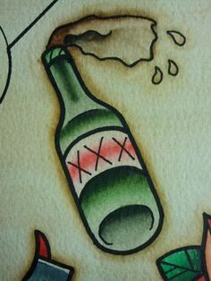 a drawing of a green bottle with red and white designs on it's side