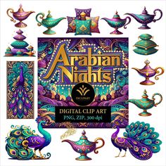 an advertisement for the arabian nights event with peacocks, teapots and other items