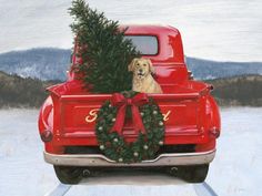 a dog sitting in the back of a red truck with a christmas wreath on it