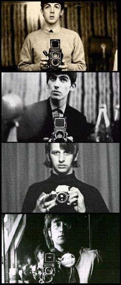 the beatles poster is shown in three different pictures, one with an image of two men holding