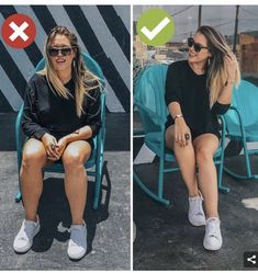 two pictures of a woman sitting in a chair