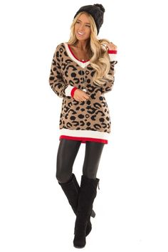 Mocha Leopard Print Long Sleeve Sweater with Red V Neck Leopard Prints, Fabulous Fashion, Sleeve Sweater, Mocha, Long Sleeve Sweater