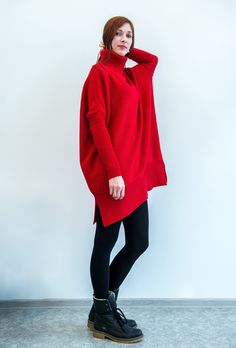 This oversized turtleneck sweater dress is knitted from natural alpaca wool . Beautiful bright red item can look great at various occasions. Just wear ithis alpaca wool pullover with different accessories and see how they instantly transform your look from sporty to professional, from adventorous to chique, from casual to boho. MATERIAL - 50% natural alpaca wool, 50 % acrilan. If you are allergic to wool, don't buy the product. Feel free to choose other yarn (such as angora, mohair, silk, linen Red Merino Wool Sweater For Fall, Wool Turtleneck Sweater Dress, Red Soft Knit Turtleneck Sweater, Red Chunky Knit Turtleneck Sweater, Red Merino Wool Sweater For Winter, Red Knit Turtleneck Sweater, Oversized Turtleneck Sweater Dress, Red Sweater Outfit, Oversized Red Sweater