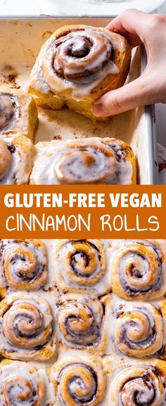 cinnamon rolls with glaze on top in a baking pan, and the title reads gluten - free vegan cinnamon rolls