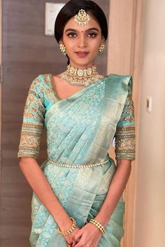 Blue kanjeevaram saree for a south indian wedding Blue Sarees, South Indian Wedding Saree, South Indian Bride Saree, Engagement Saree, Indian Bridesmaids, Bridal Sarees South Indian, Indian Bridal Sarees, Wedding Saree Blouse Designs, Wedding Saree Collection