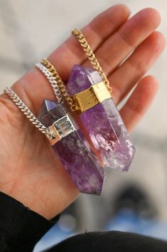 This large Amethyst Crystal necklace is the one you've been dreaming of. This double-terminated Amethyst necklace holds extra power and strength with two points on either end. Amethyst, known as the stone of spiritual wisdom, is believed to enhance intuition, calm the mind, and foster a sense of inner peace. Wearing this beauty not only elevates your style but invites the harmonizing influence of Amethyst into your daily life. Double-terminated Amethyst gemstone pendant approximately 3" in lengt Purple Amethyst Amulet Necklaces, Purple Amethyst Amulet Necklace, Mystical Amethyst Crystal Necklace With Gemstones, Spiritual Amethyst Crystal Necklace With Raw Stone, Mystical Amethyst Crystal Necklace With Natural Stones, Amethyst Raw Stone Necklace For Healing, Mystical Amethyst Gemstone Crystal Necklace, Spiritual Purple Necklace With Large Stone, Purple Raw Stone Necklaces For Healing