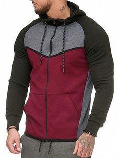 Color Block Zipper Casual Drawstring Hoodie - Firebrick - 4W54314316 - Men's Clothing, Men's Sportswear  #MensSportswear #Men's #Clothing # #Men's #Sportswear City Style, Drawstring Hoodie, Zipper Hoodie, Long Hoodie, Red Jacket, Zip Sweatshirt, Hoodie Top, Hoodie Design, Long Sleeve Sweatshirts