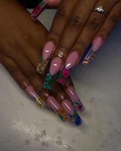 Long Clear Acrylic Nails Square, Encapsulated French Nails, Flower Encapsulated Nails, Encapsulated Nails Acrylics, Spring Birthday Nails, Encapsulated Flower Nails, Birthday Glam Nails, Long Spring Nails, Encapsulated Nails Flowers