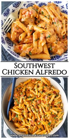 two pictures with different types of food in them and the words southwest chicken alfredo on top