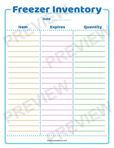 a freezer inventory sheet with the words freezer inventory written in blue on it