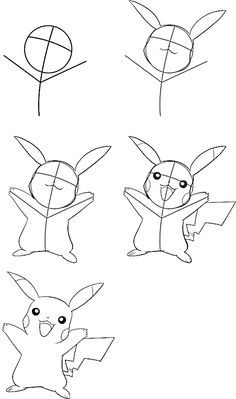 four different types of pokemons are shown in black and white, one is drawn with pencil